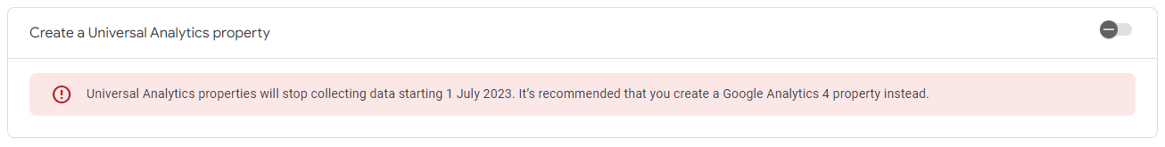 Warning message when creating a new Google Analytics property