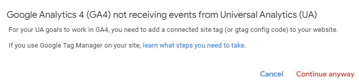 A warning when importing Universal Analytics conversions into GA4