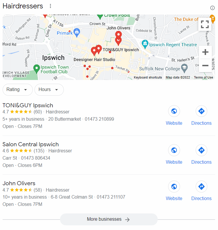 Google maps section in the search results